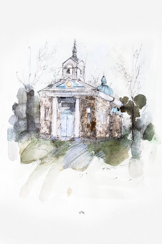 Viktorijas Grappas akvarelis. Kuļņevas baznīca.