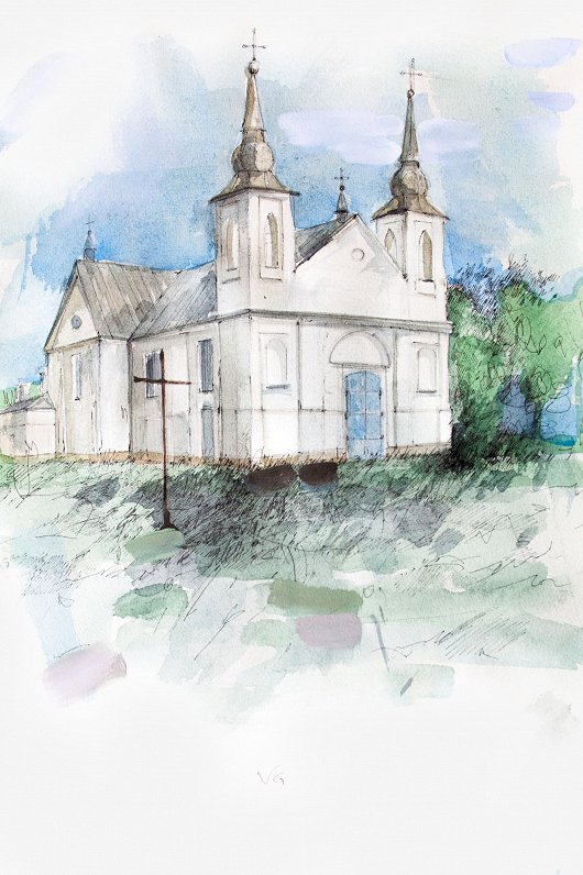 Viktorijas Grappas akvarelis. Kaunatas baznīca.
