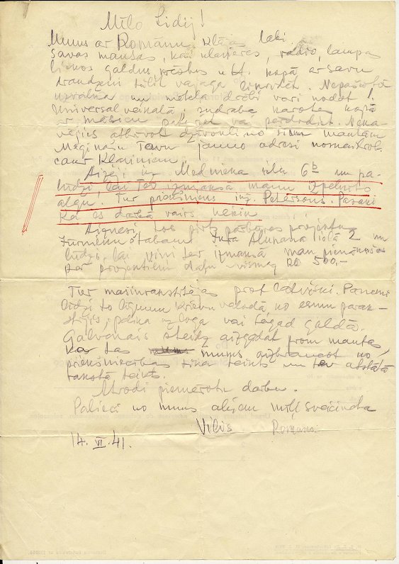 1941. gada 14. jūnijā deportētā Viļa Sniķera vēstule sievai Lidijai
