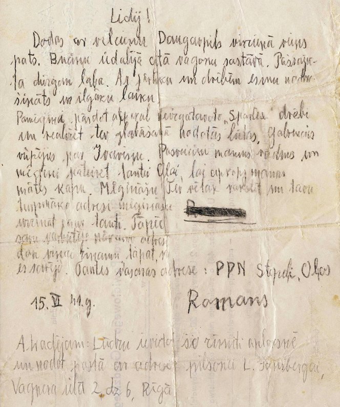 1941. gada 14. jūnijā deportētā Romana Sniķera vēstule audžumātei Lidijai