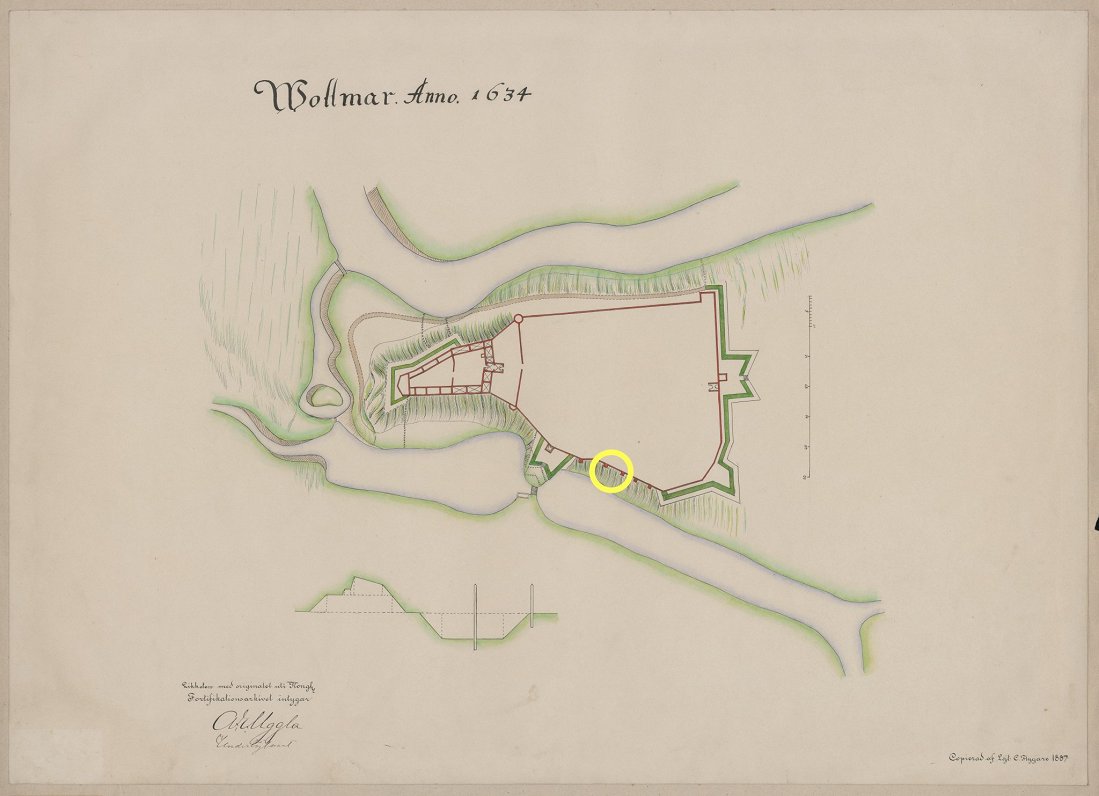 Valmieras 1634. gada plāns. Ar dzeltenu atzīmēta vieta, kur atklātais senais laukakmeņu mūrējums