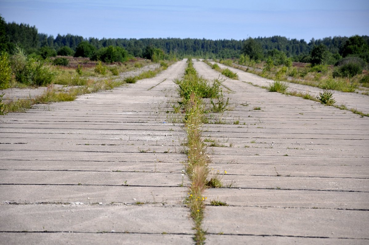 Ar krūmiem un zāli aizaugušie skrejceļi Daugavpils lidostā.
