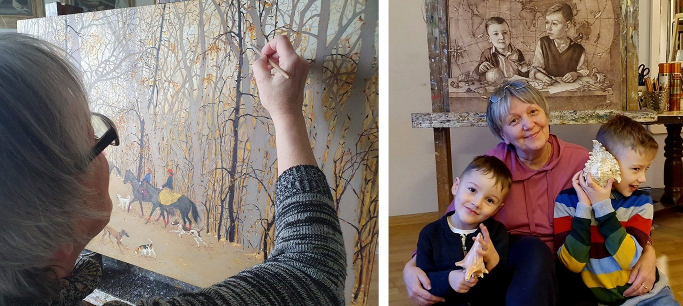 Pa kreisi - Tatjana Paļčuka-Rikāne gleznojot. Pa labi - mazbērni dzīvē un dubultportretā.