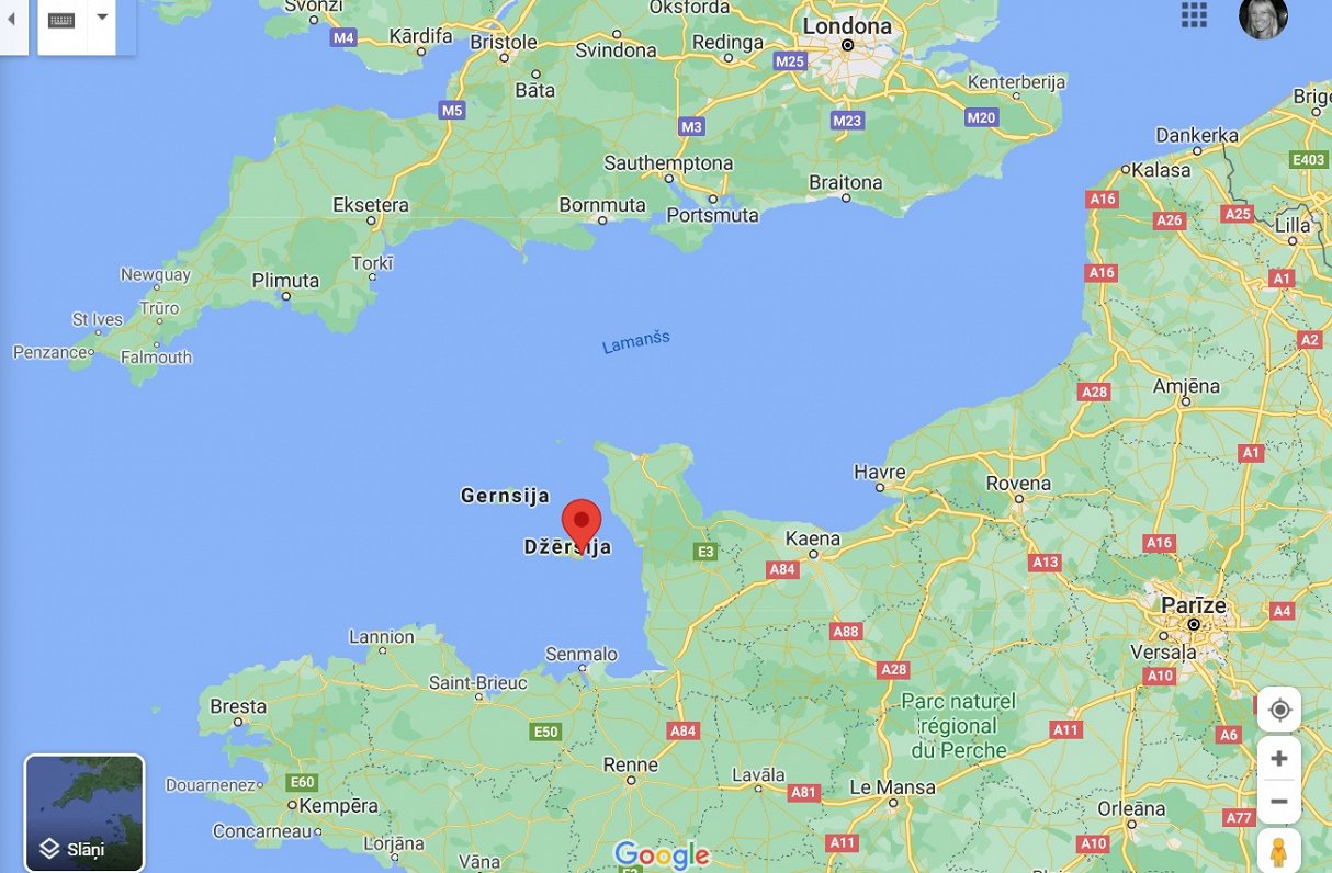 Džērsijas salas novietojums kartē starp Lielbritāniju un Franciju