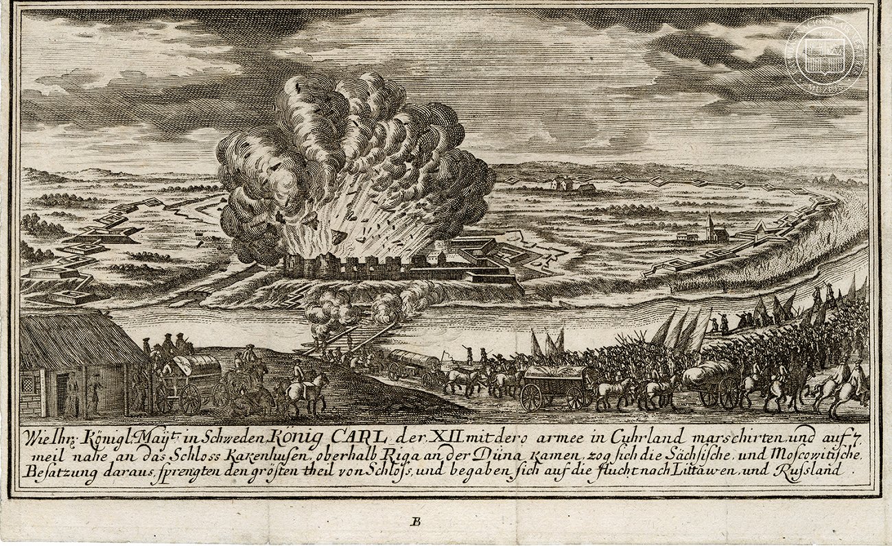 Kokneses pils uzspridzināšana 1701. gada 25. jūlijā. Nezināma autora gravīra pēc Johana Litena zīmēj...