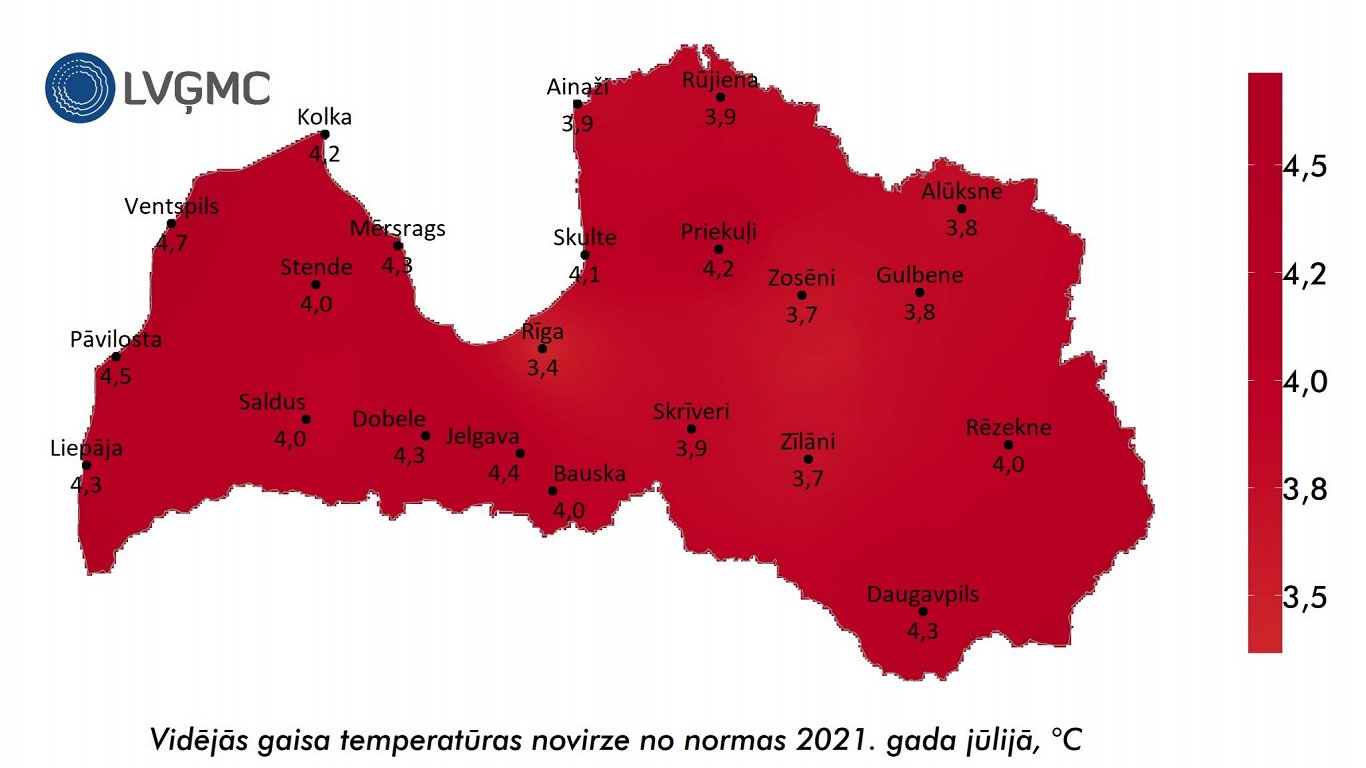 July 2021 Average temperatures above monthly norm