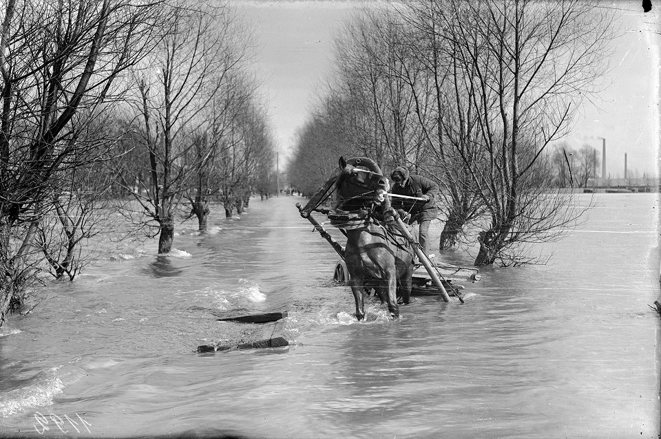 Plūdu laikā appludinātais Ganību dambis Rīgā, pa kuru brauc cilvēks zirga pajūgā. Rīga, 1929. gads