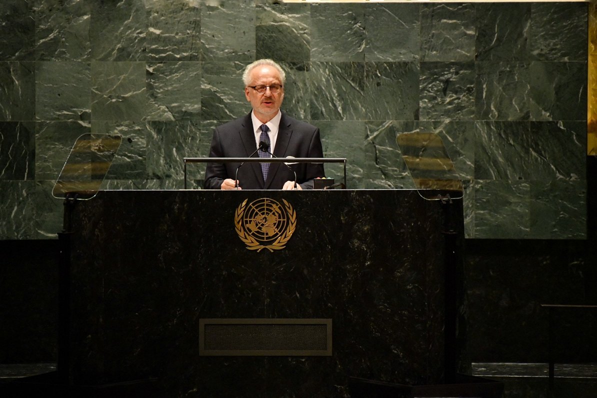 Valsts prezidents Egils Levits teic uzrunu ANO Ģenerālajā asamblejā .