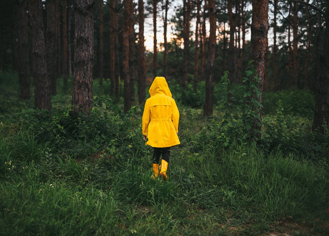 Cilvēks dzeltenā lietusmētelī mežā. Attēls ilustratīvs.