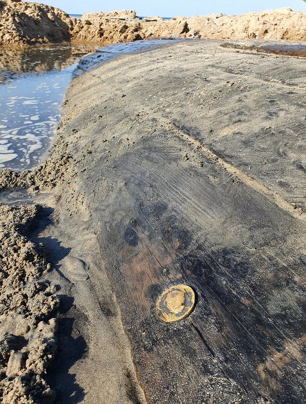 Daugavgrīvas pludmalē atrastā kuģa fragments.