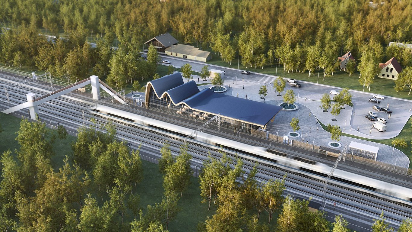 &quot;Rail Baltica&quot; reģionālās dzelzceļa stacijas ēkas vizualizācija.
