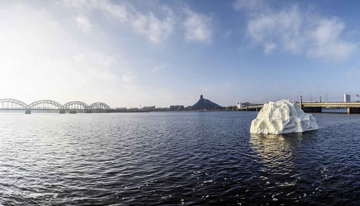 Artificial 'iceberg' in River Daugava as part of a KNAB publicity campaign