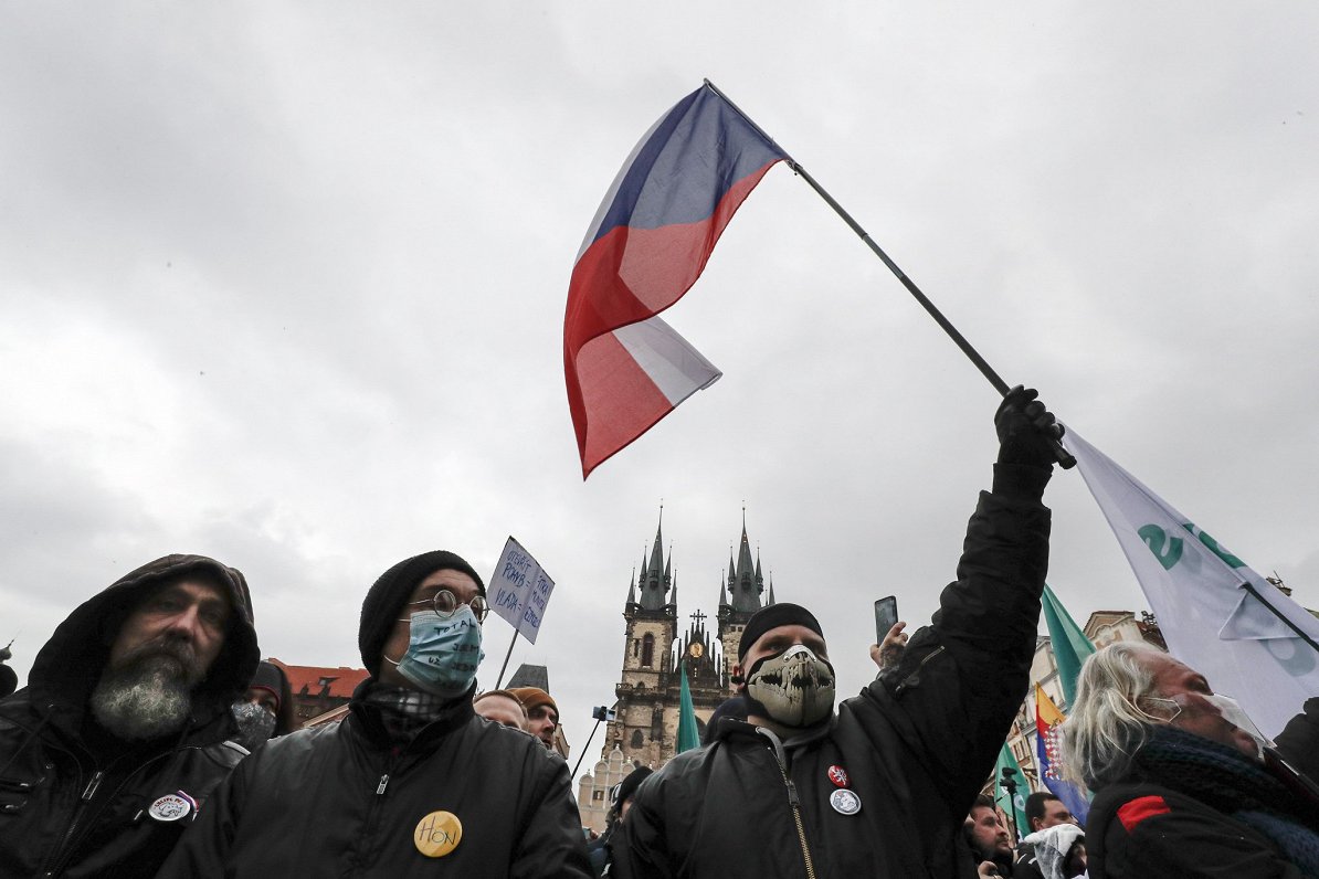 Protesti pret Covid-19 ierobežojumiem Čehijas galvaspilsētā Prāgā. 2021.gada 10.janvāris.