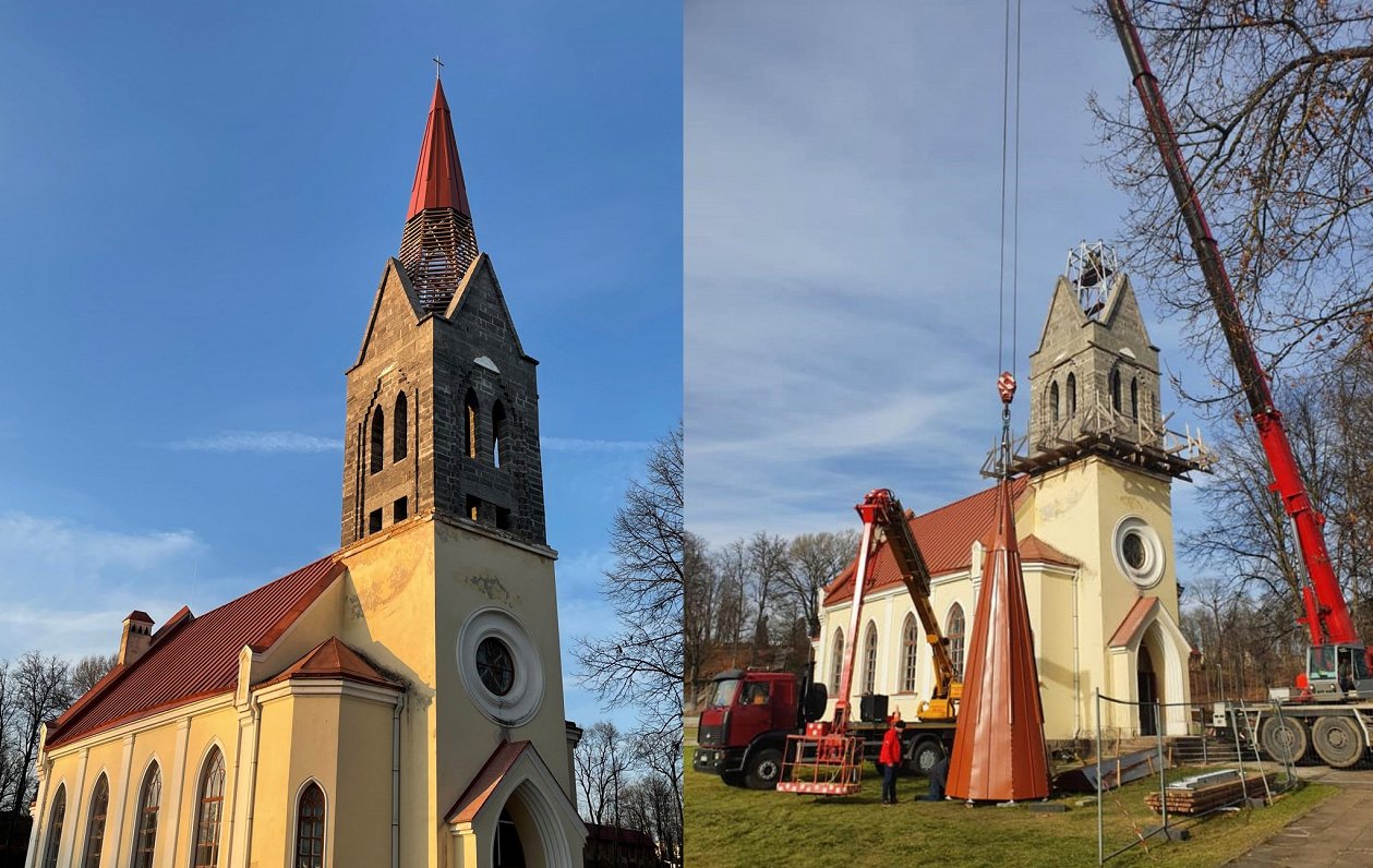Krāslavas luterāņu baznīcas torņa atjaunošana. 2021. gada oktobris/novembris.