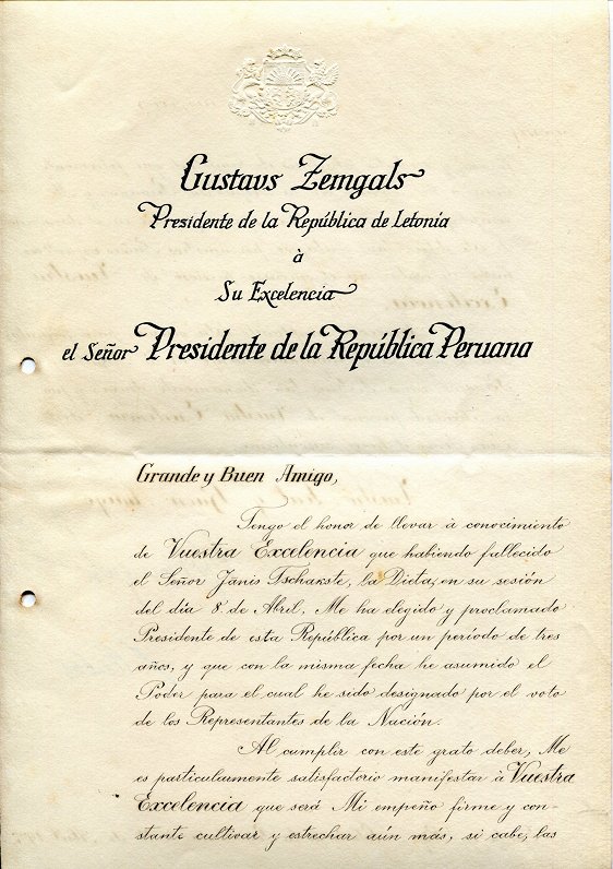 Peru prezidentam Augusto Leguiam adresēta vēstule. 1927. gada 9. aprīlis.