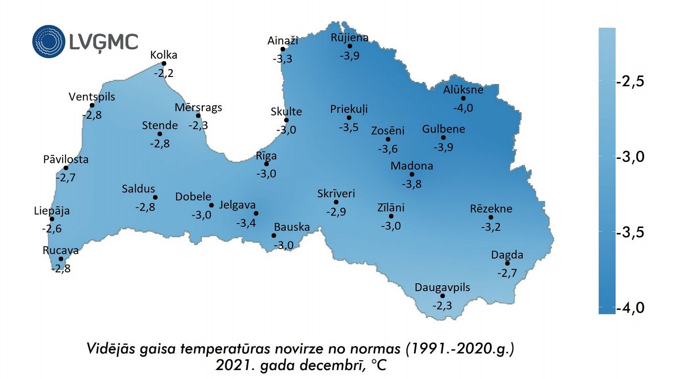 Latvia average temperature difference from norm in December 2021