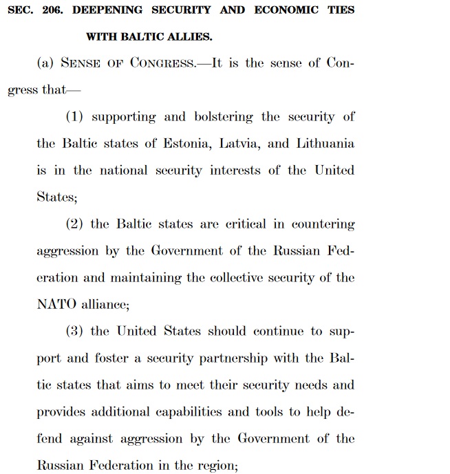 ASV Senātā iesniegtais likumprojekts arīdzan pauž atbalstu Baltijas valstīm