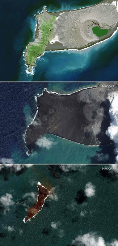 Klusā okeāna valstī Tongā pirms un pēc 2022.gada 15.janvārī notikušā vulkāna izvirduma un cunami.