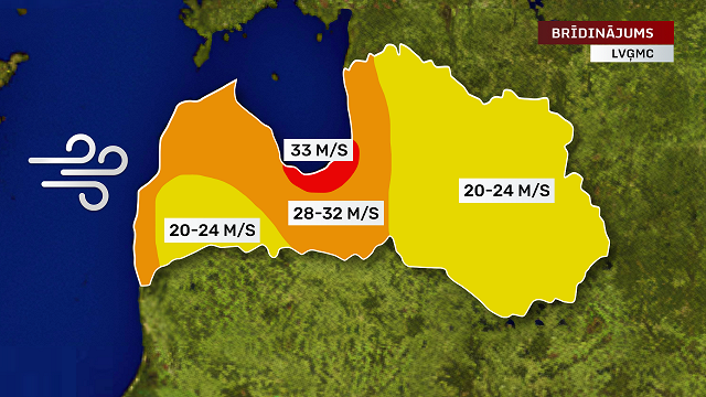 Stiprā vēja dēļ Rīgā un tās apkārtnē – sarkanais brīdinājums; prognozē 33 m/s