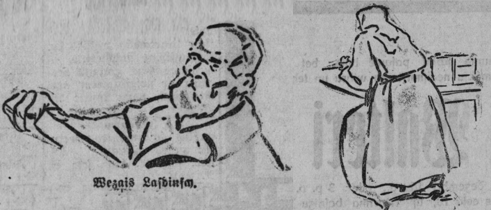 Ilustrācijas no laikraksta “Jaunākās Ziņas”, 1924. gada 19. decembris. Vecais Lazdiņš. Anna Bušbaum...