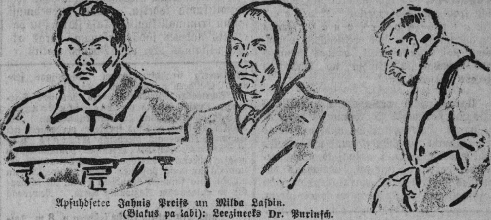 Ilustrācija no laikraksta “Jaunākās Ziņas”, 1924. gada 19. decembris. Apsūdzētie Jānis Preiss un Mil...