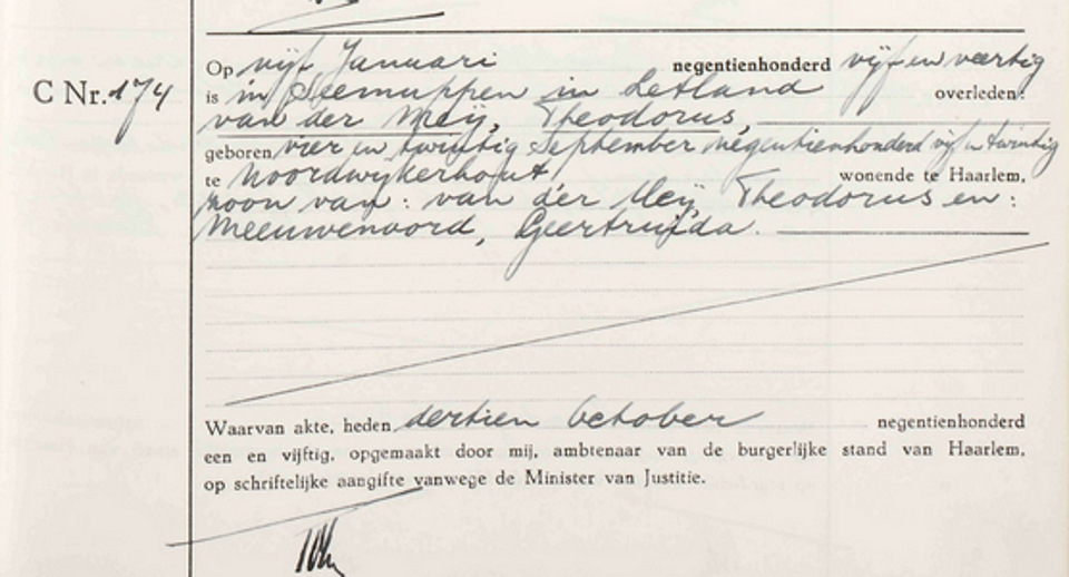 Nīderlandes Tieslietu ministrijas 1951.gada dokuments, kurā apliecināta 1925. gada 24. septembrī  No...