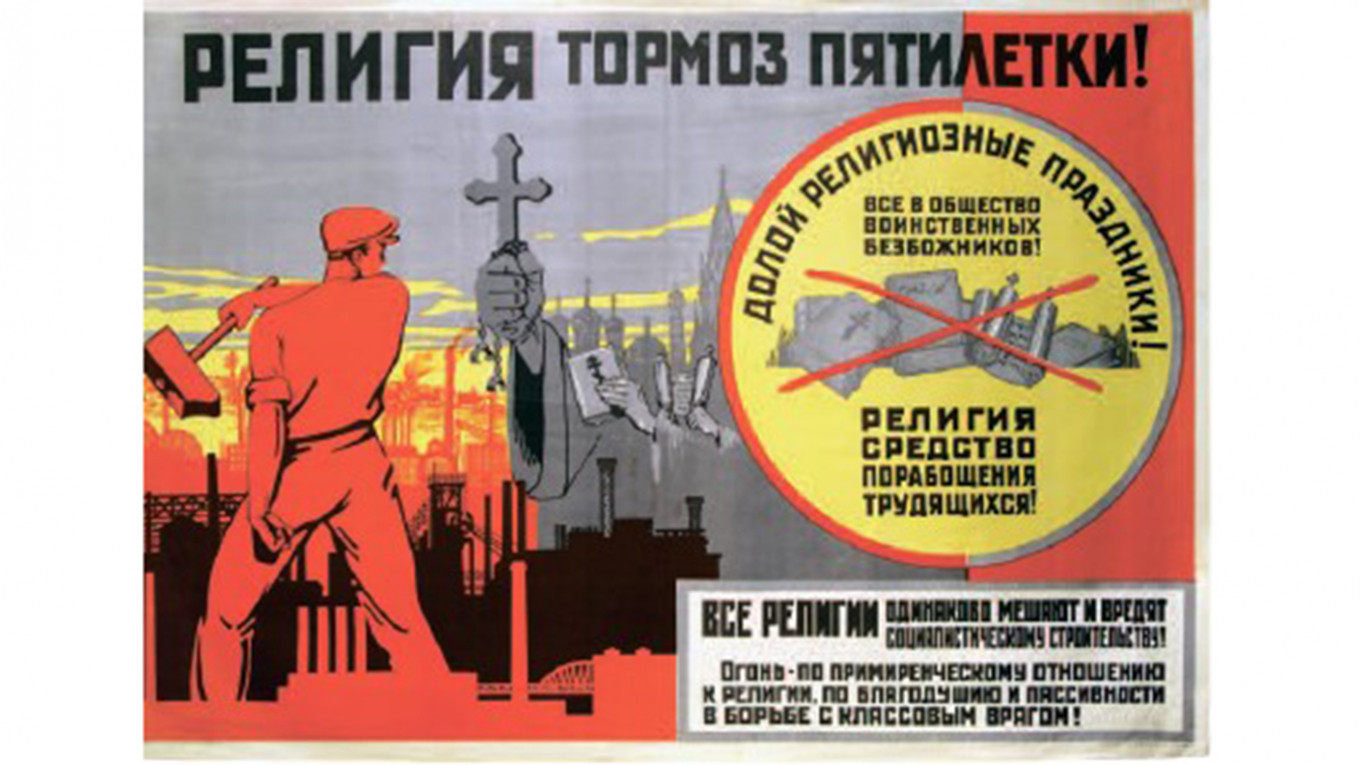 Pret reliģiju vērsts propagandas plakāts PSRS. 20. gadsimta 30. gadi