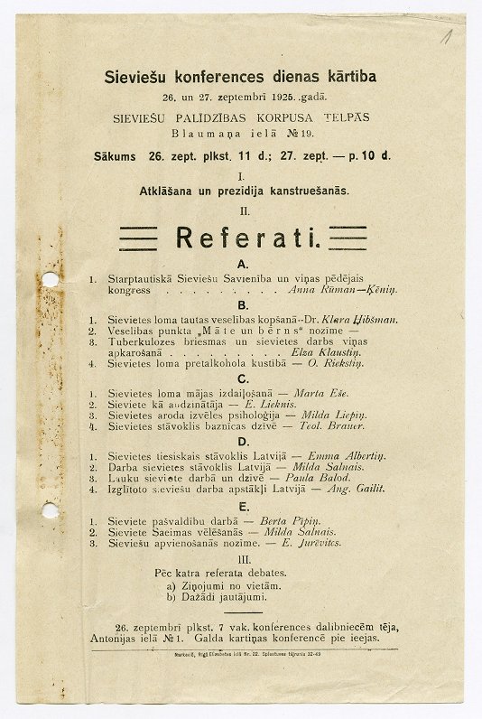 1. Latvijas sieviešu kongresa, 1925. gada 26.–27. septembris, dienas kārtība.