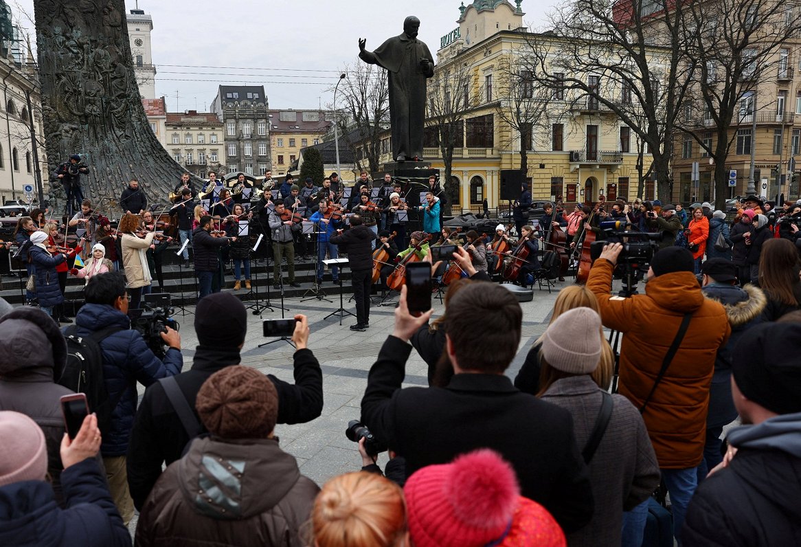 Lviv symphony orchestra plays an outside concert for a free sky and against Russia's ongoing invasio...