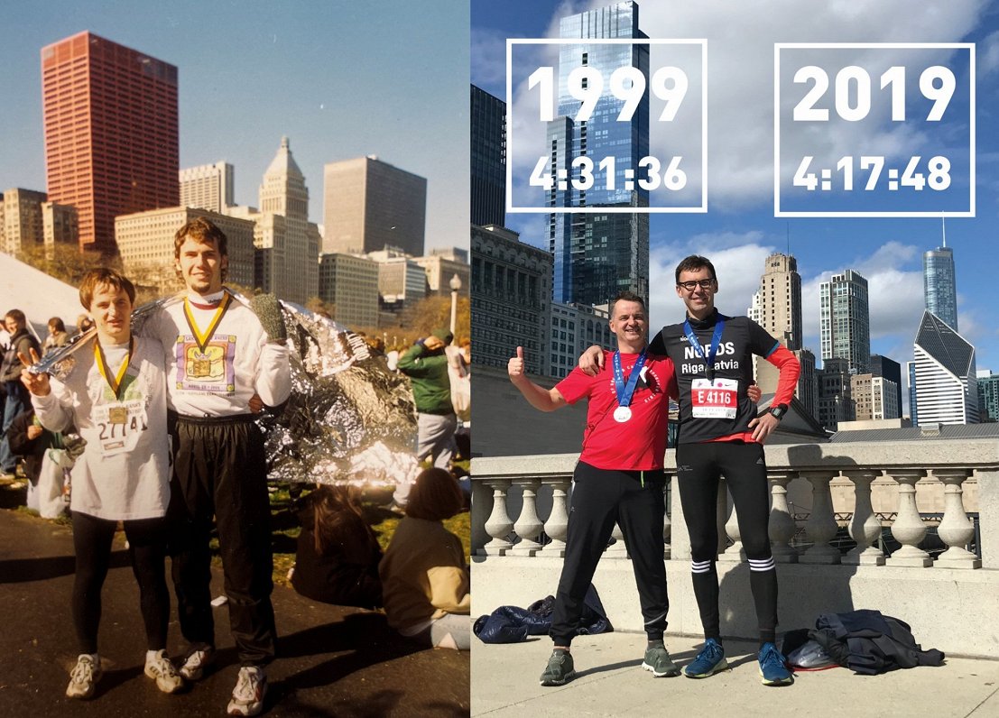 Pa kreisi - 1999. gadā pēc pirmā noskrietā maratona Čikāgā kopā ar draugu Rolandu Melbārdi. Pa labi...