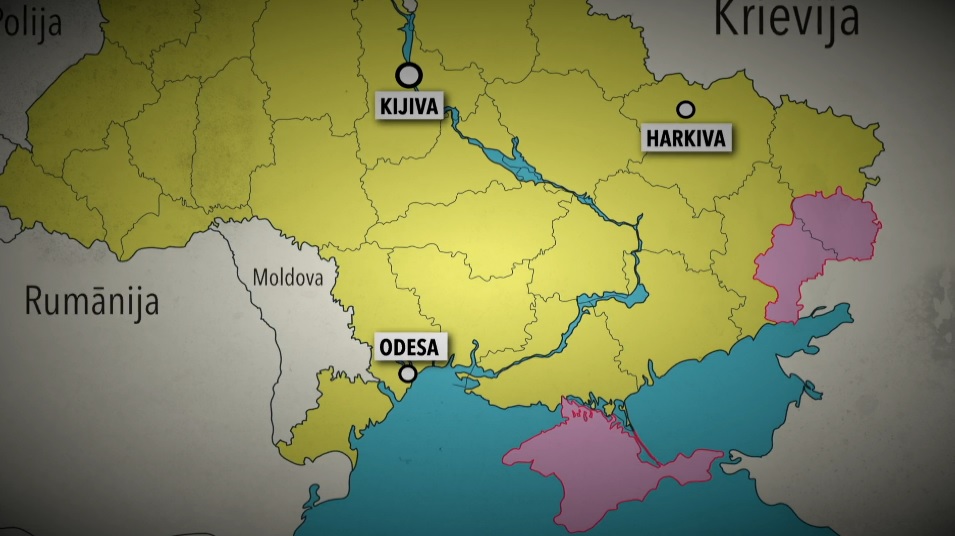 Situācija pirms 24. februāra: ar sarkano atzīmētās ir Krievijas kontrolēts teritorijas Krima un Luha...