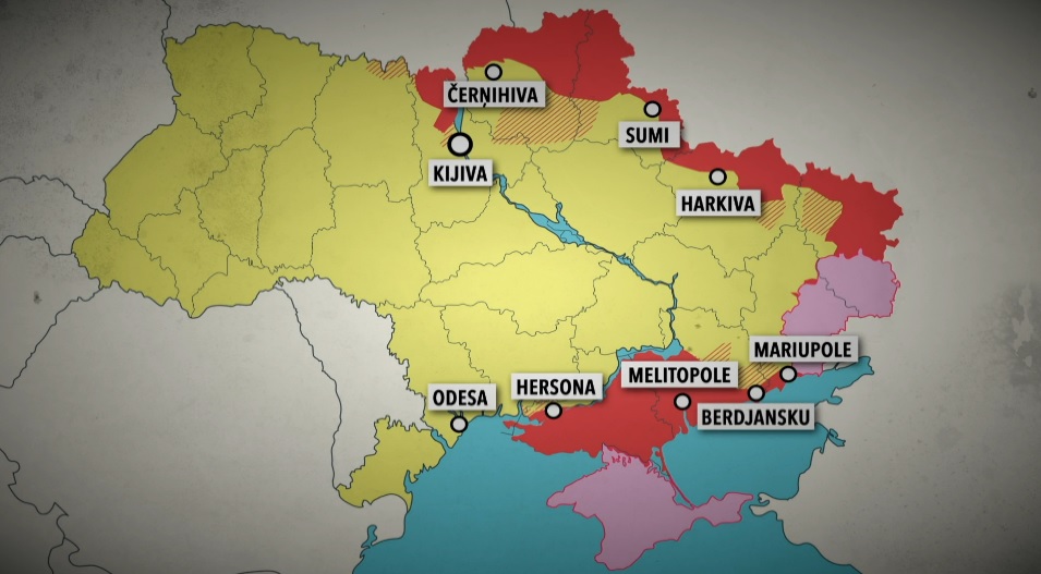 Mēnesis pēc invāzijas. Ar sarkano atzīmētās teitorijas – Krievijas kontrolē pārņemtās.