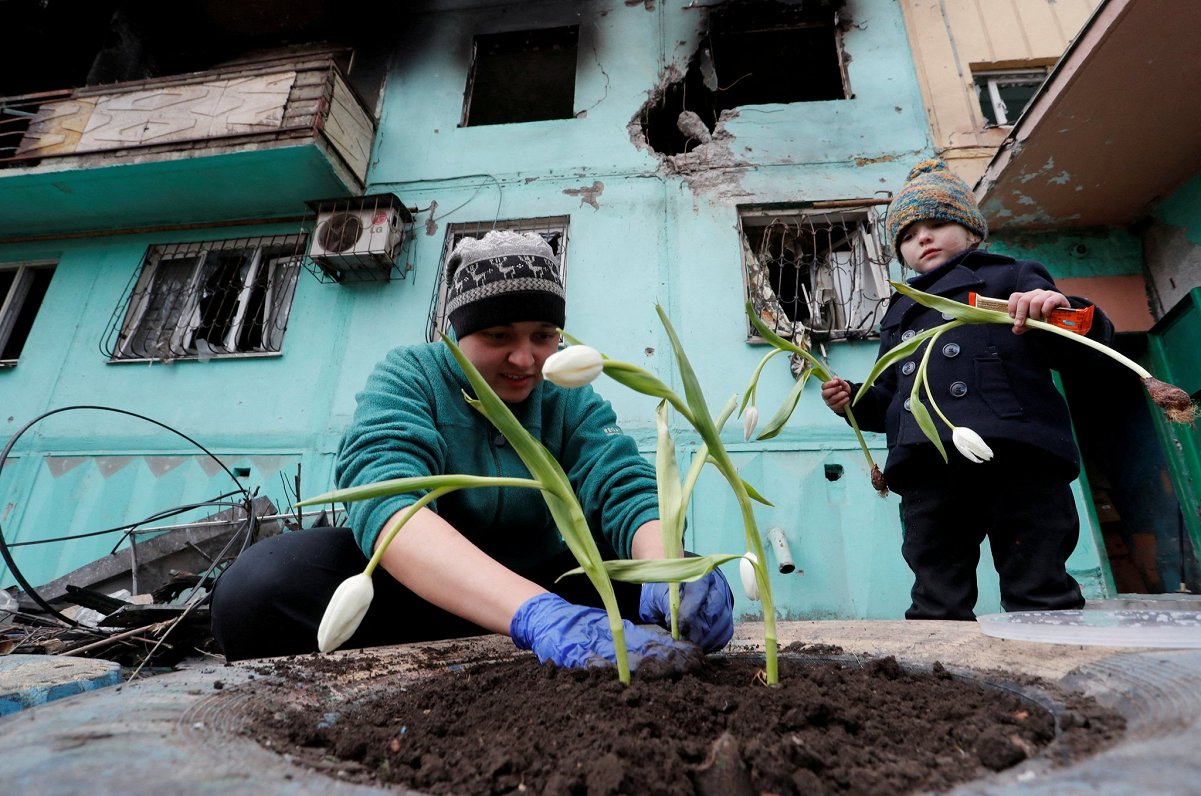 Ukrainas pilsētas Mariupoles iedzīvotāja Viktorija Muhina ar meitu Miroslavu stāda tulpes pie savas...