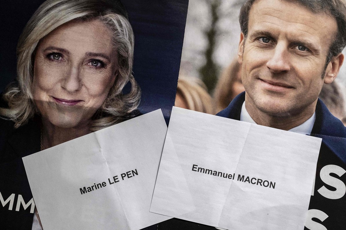 Attēlā Francijas prezidenta amata kandidāti Marina Lepēna un  Emanuels Makrons