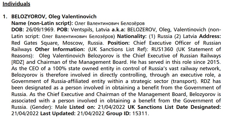 Informācija par Lielbritānijas sankciju sarakstā iekļauto &quot;Krievijas dzelzceļa&quot; vadītāju O...