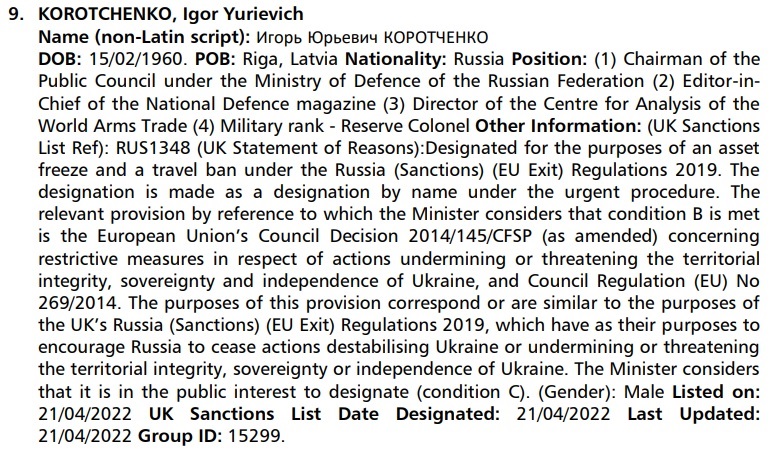 Informācija par Lielbritānijas sankciju sarakstā iekļauto Krievijas militāro analītiķi Igoru Korotče...