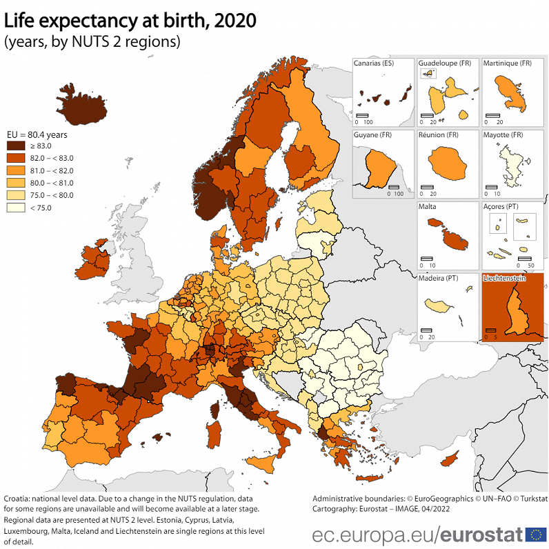 Life expectancy in the EU, 2020