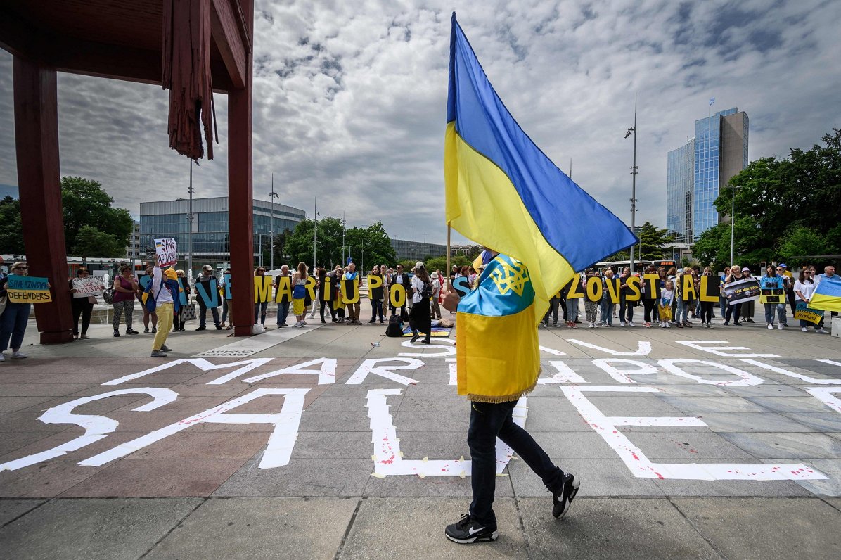 Ukrainas atbalsta akcija pie ANO mītnes Ženēvā