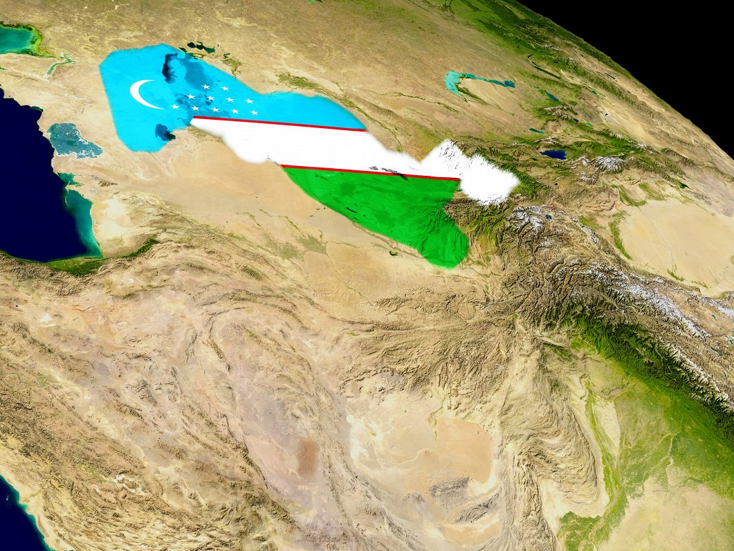 Uzbekistānas karogs kartē uz valsts teritorijas