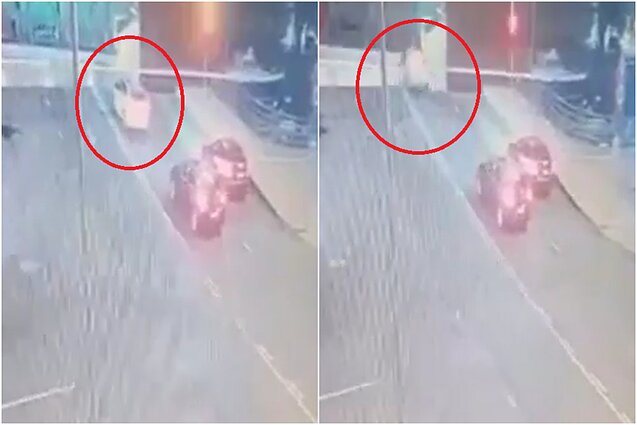 Novērošanas kameru video redzams, kā vīrietis ar &quot;VW Taigo&quot; automašīnu no paceļamā tilta i...