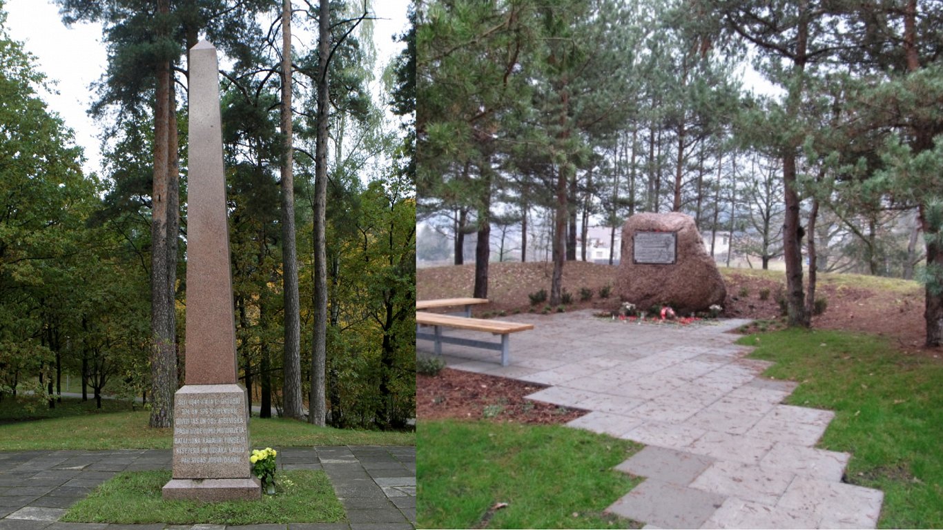Obelisks Mežaparkā un Piemiņas zīme – akmens Sarkanās armijas uzbrukuma vietā Ķīšezera krastā