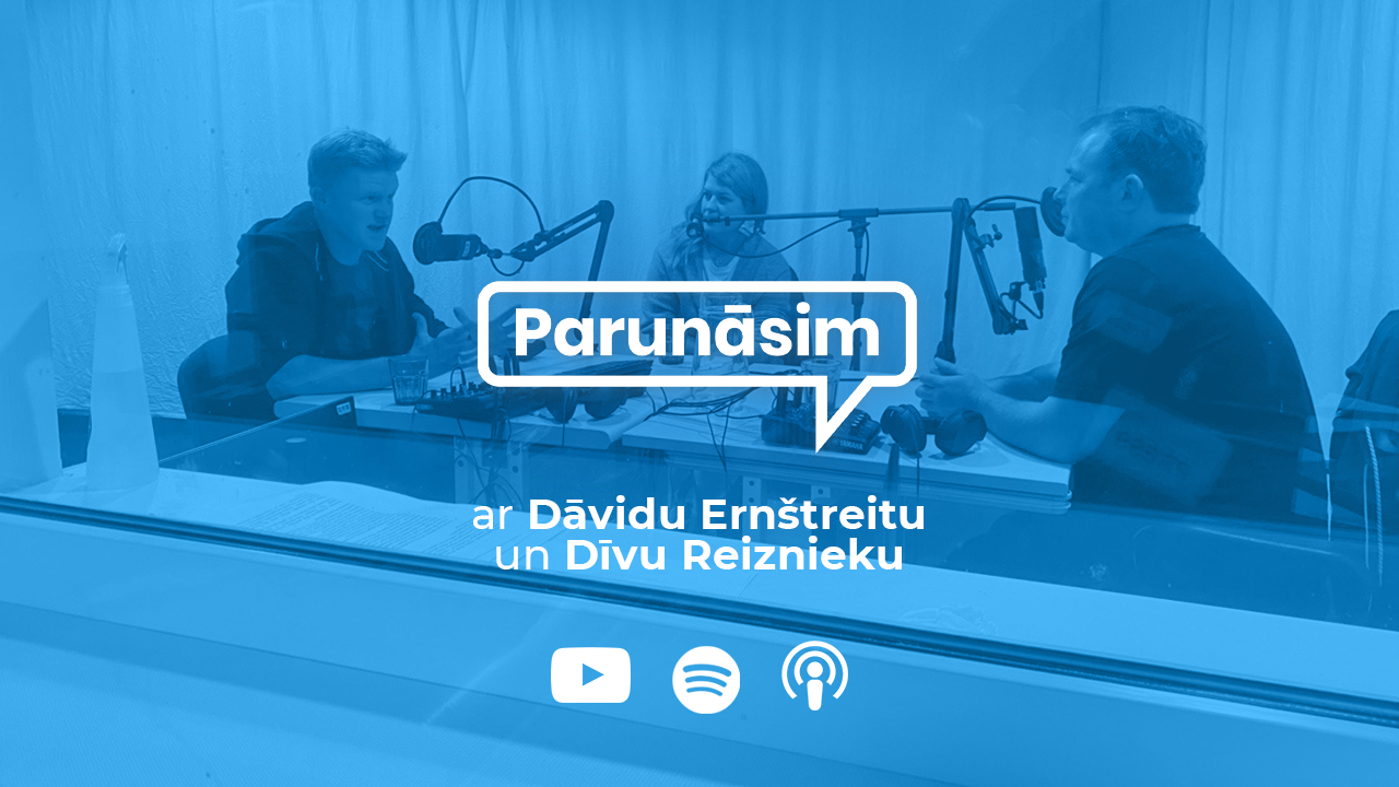 LTV podkāsts «Parunāsim» 16. epizode. No kreisās: Dāvids Ernštreits, Ieva Strazdiņa un Dīvs Reizniek...