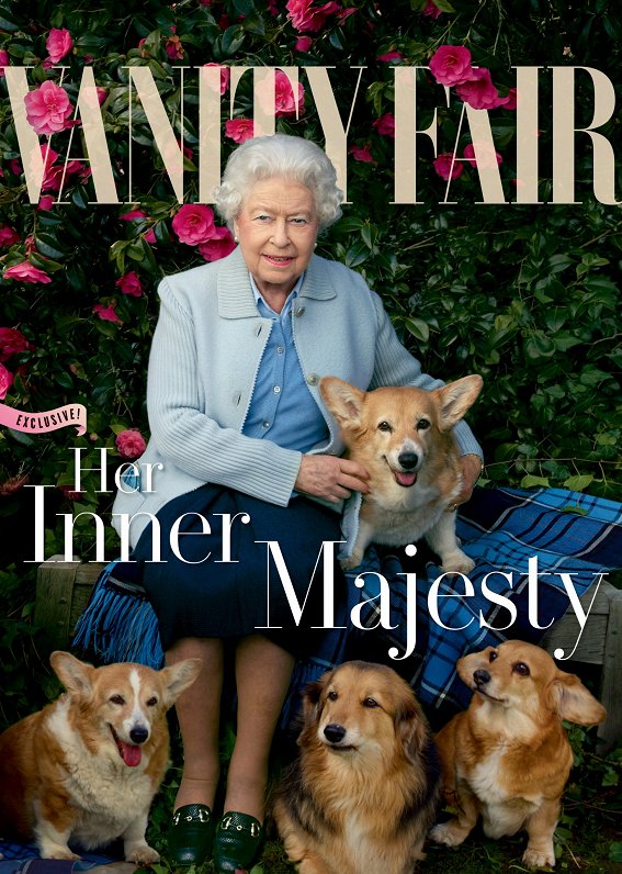 Lielbritānijas karaliene Elizabete II ar saviem korgijiem uz žurnāla &quot;Vanity Fair&quot; vāka