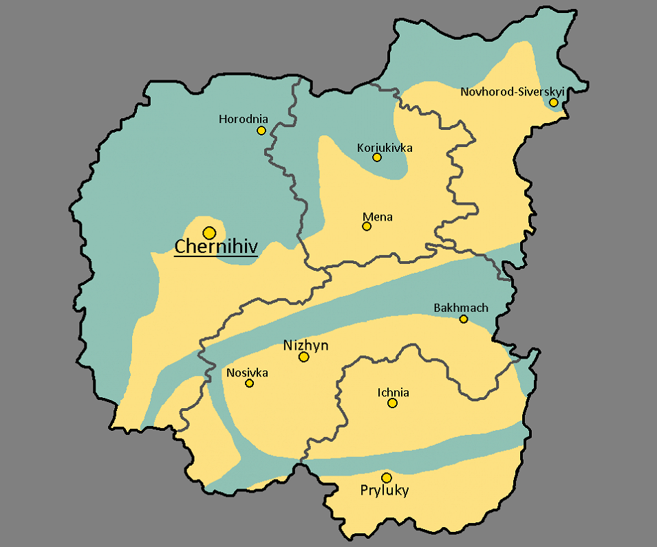 Situācija frontē Čerņihivas apgabalā 2022. gada martā. Ukrainas kontrolētā teritorija – dzeltenā krā...