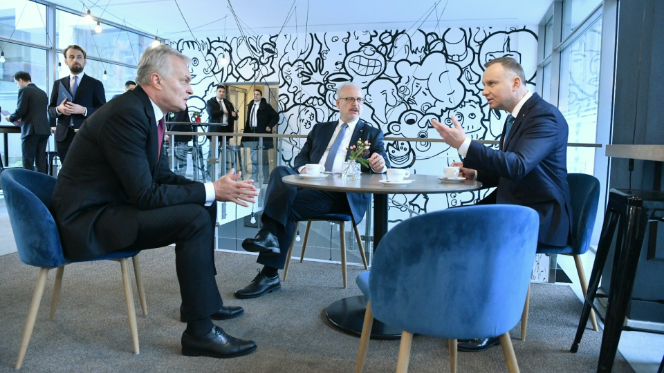 Президент Эгил Левитс (на фото в центре) общается с литовскими политиками.