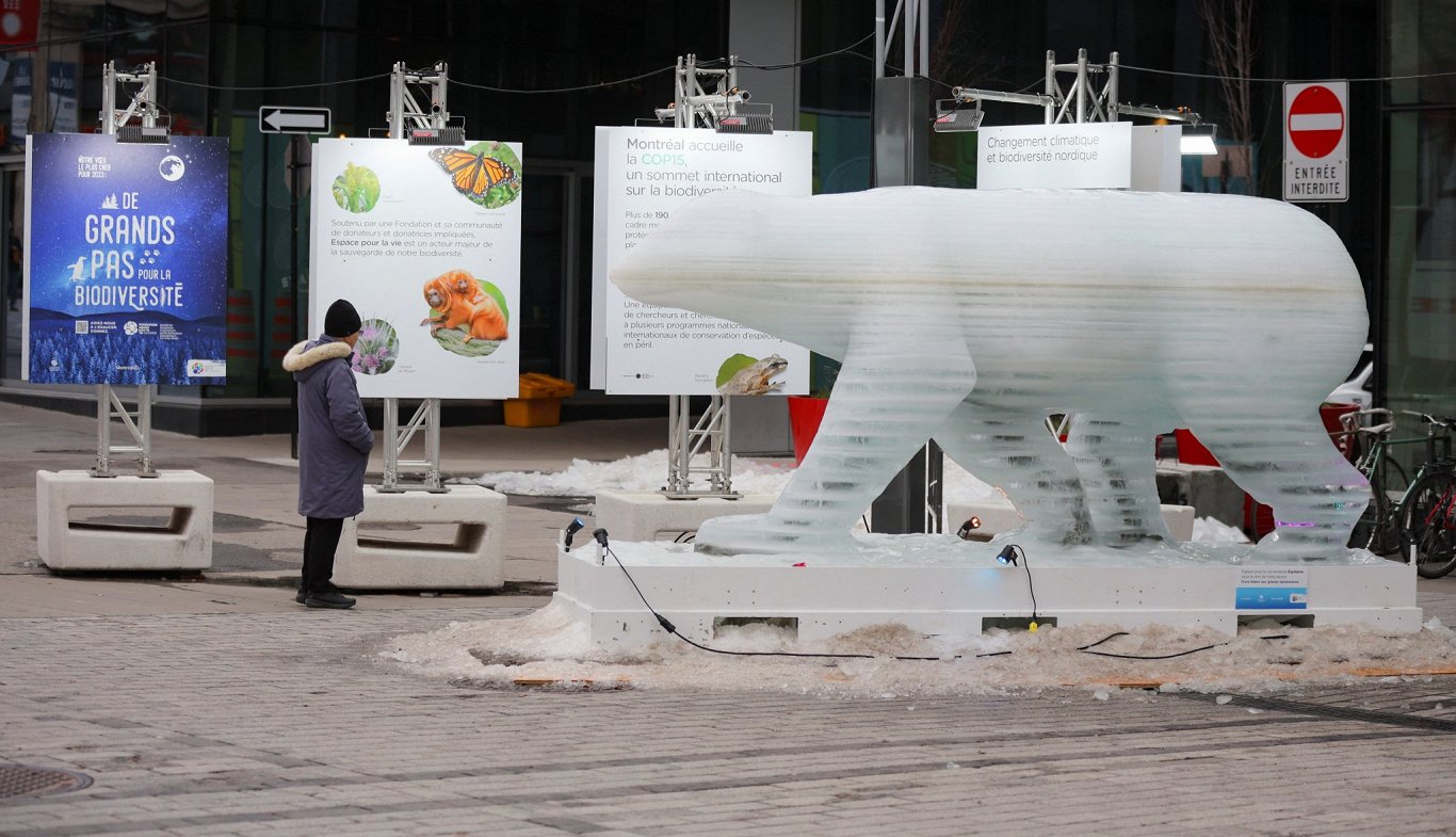 Polārlāča ledus skulptūra Monreālā, kur norisinās ANO bioloģiskās daudzveidības konference.
