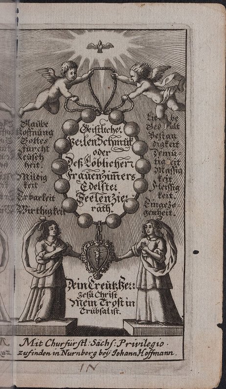 J.Kundīzija &quot;Garīgas pērļu rotas&quot; 3.vācu izdevuma (1673) titullapa.