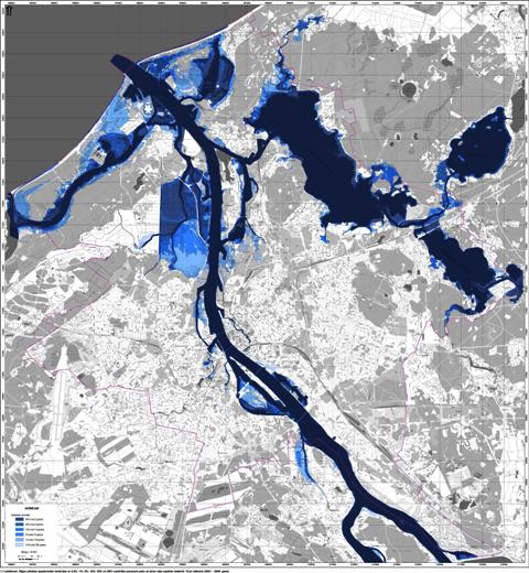 Plūdu iespējamība Rīgā tuvā nākotnē (2021 – 2050) ar 0,5%, 1%, 5%, 10%, 20% un 50% plūdu iespējamību...