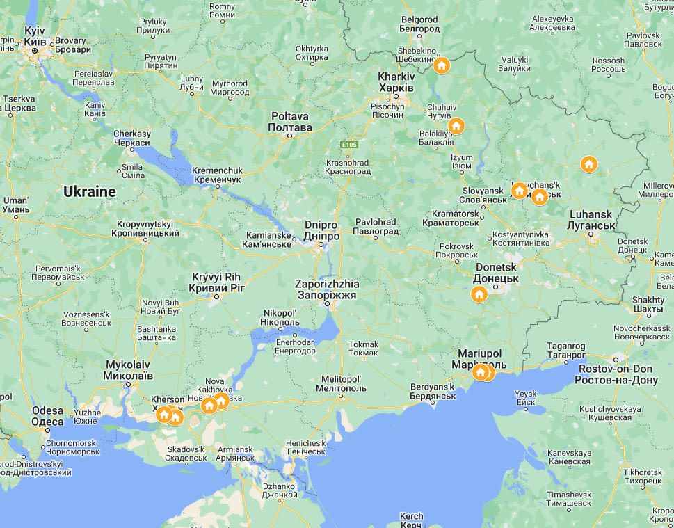 Kartē redzami bērnunami, kas atrodas Krievijas okupētajās Ukrainas teritorijās