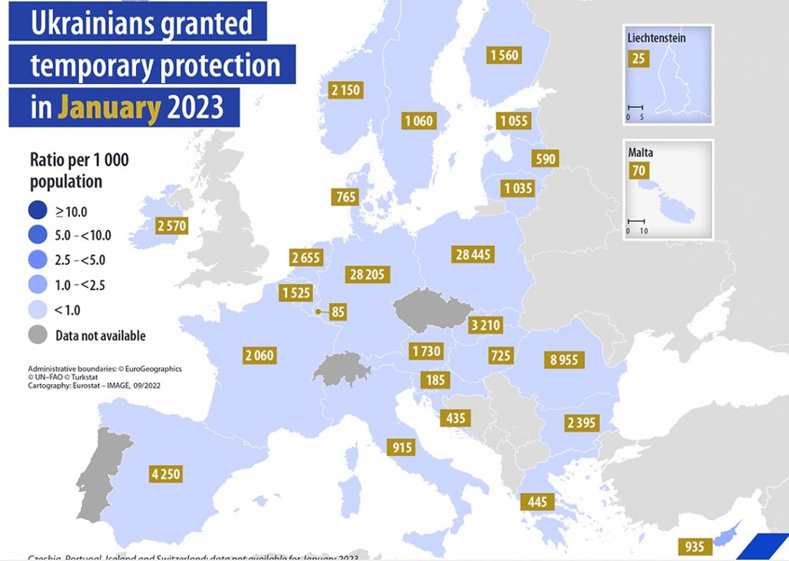 Ukrainians finding temporary protection in EU, Jan 2023